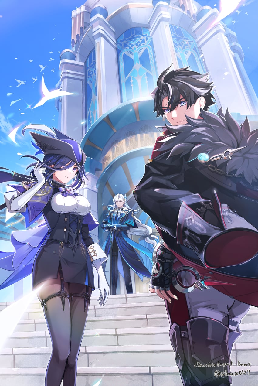 neuvillette, clorinde, and wriothesley (genshin impact) drawn by muri_(pan'ichi_murimuri_geinin)