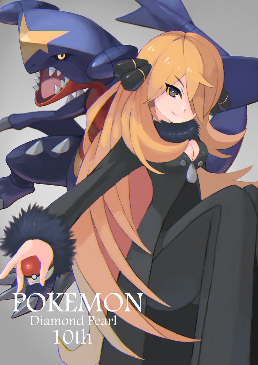cynthia and garchomp (pokemon and 1 more) drawn by tesshii_(riza4828)