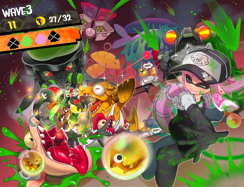 inkling player character, inkling girl, inkling boy, smallfry, chum, and 7 more (splatoon and 1 more) drawn by naoki_(oosuko)