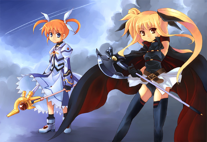 fate testarossa, takamachi nanoha, raising heart, and bardiche (lyrical nanoha and 2 more) drawn by kouno_hikaru