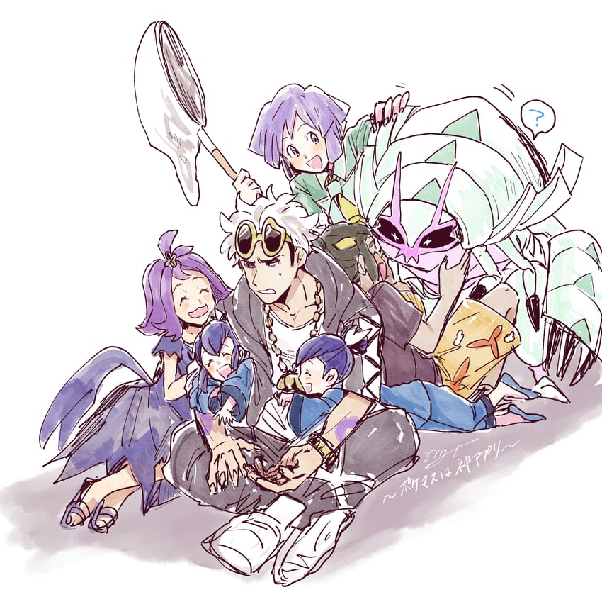 hau, acerola, guzma, bugsy, liza, and 1 more (pokemon and 4 more) drawn by mayano_hase