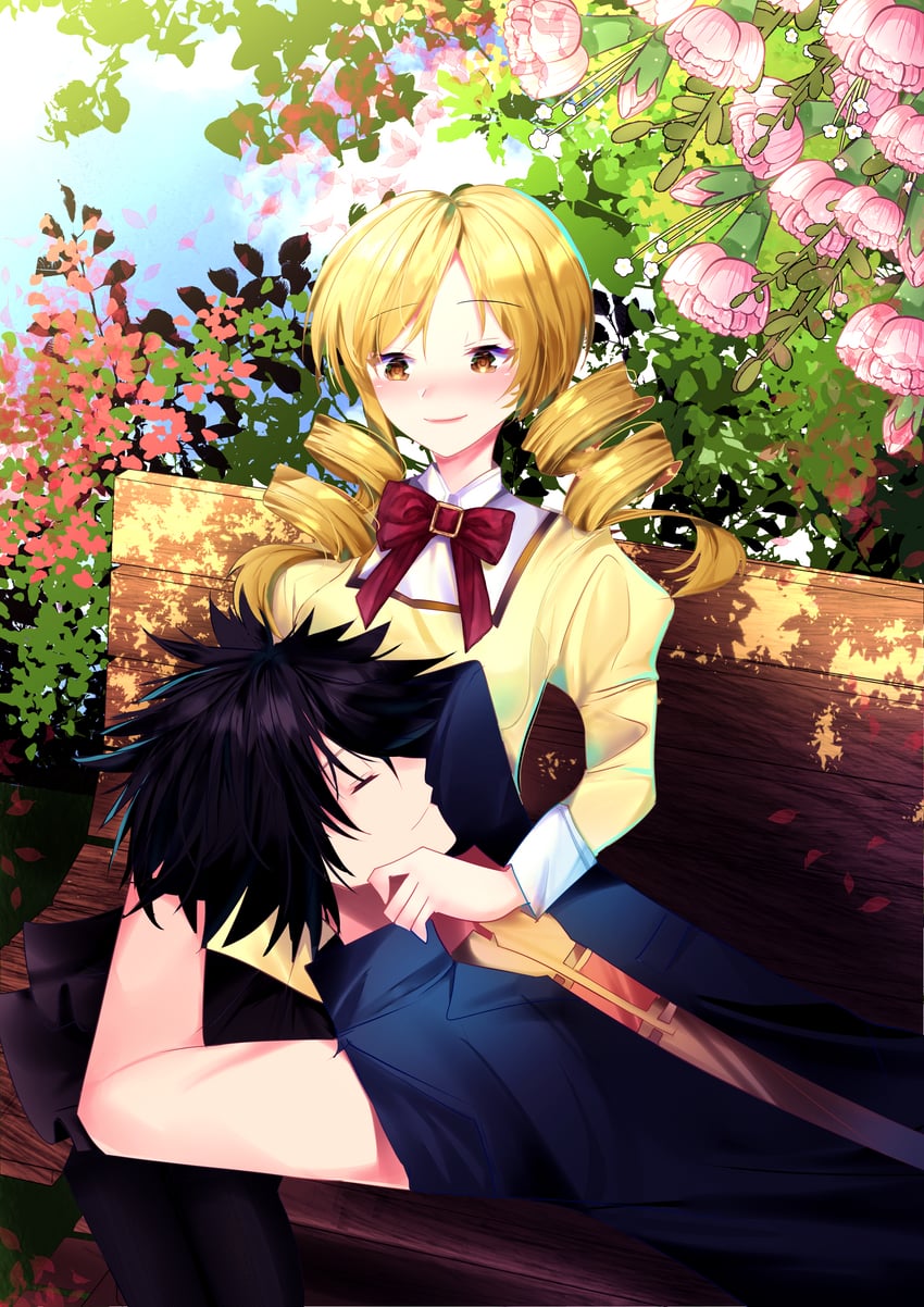 tomoe mami and kamijou touma (mahou shoujo madoka magica and 1 more) drawn by salshaa9