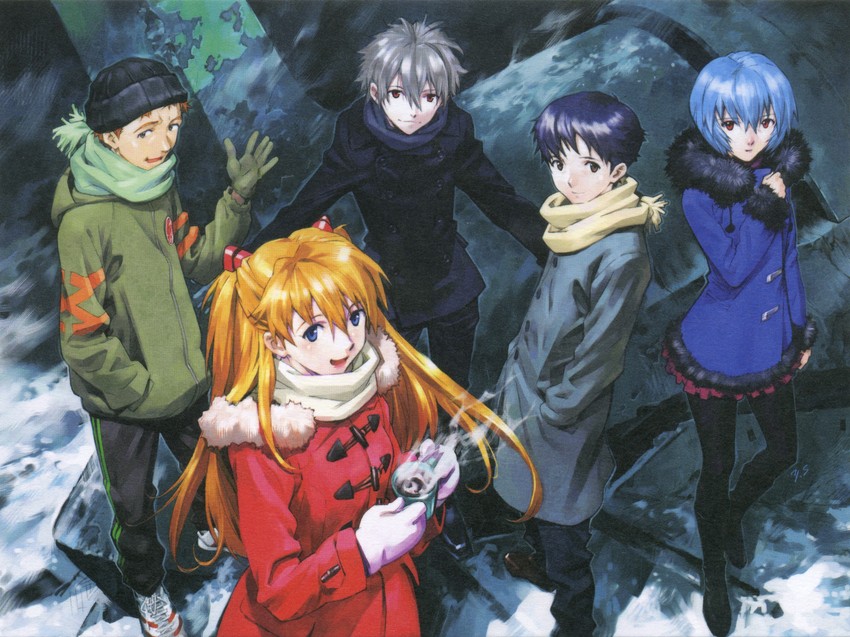 souryuu asuka langley, ayanami rei, ikari shinji, nagisa kaworu, and suzuhara touji (neon genesis evangelion) drawn by sadamoto_yoshiyuki