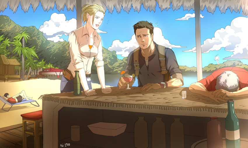 nathan drake, chloe frazer, elena fisher, and victor sullivan (uncharted) drawn by hadesha