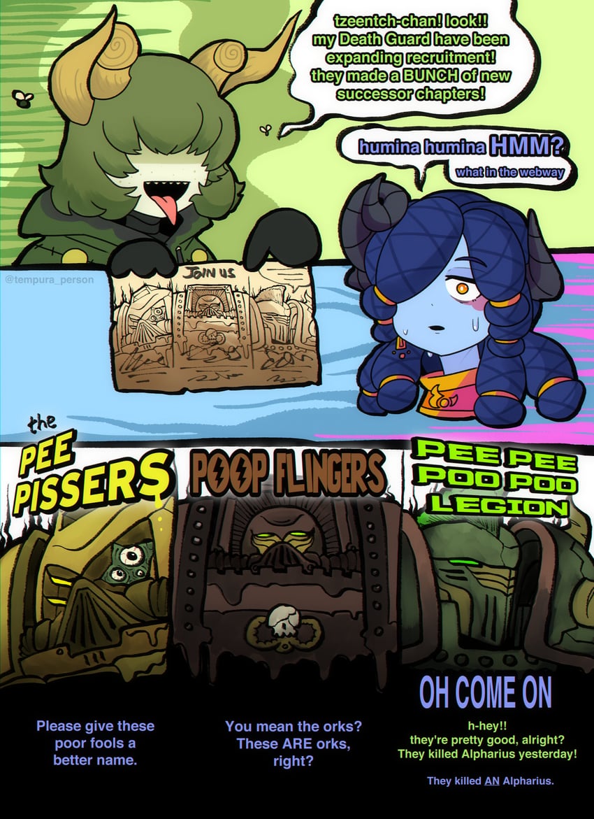 adeptus astartes, chaos space marine, nurgle, and tzeentch (warhammer 40k) drawn by tempura_person