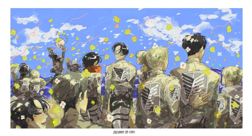 mikasa ackerman, eren yeager, krista lenz, ymir, reiner braun, and 7 more (shingeki no kyojin) drawn by blue_kkk_cba