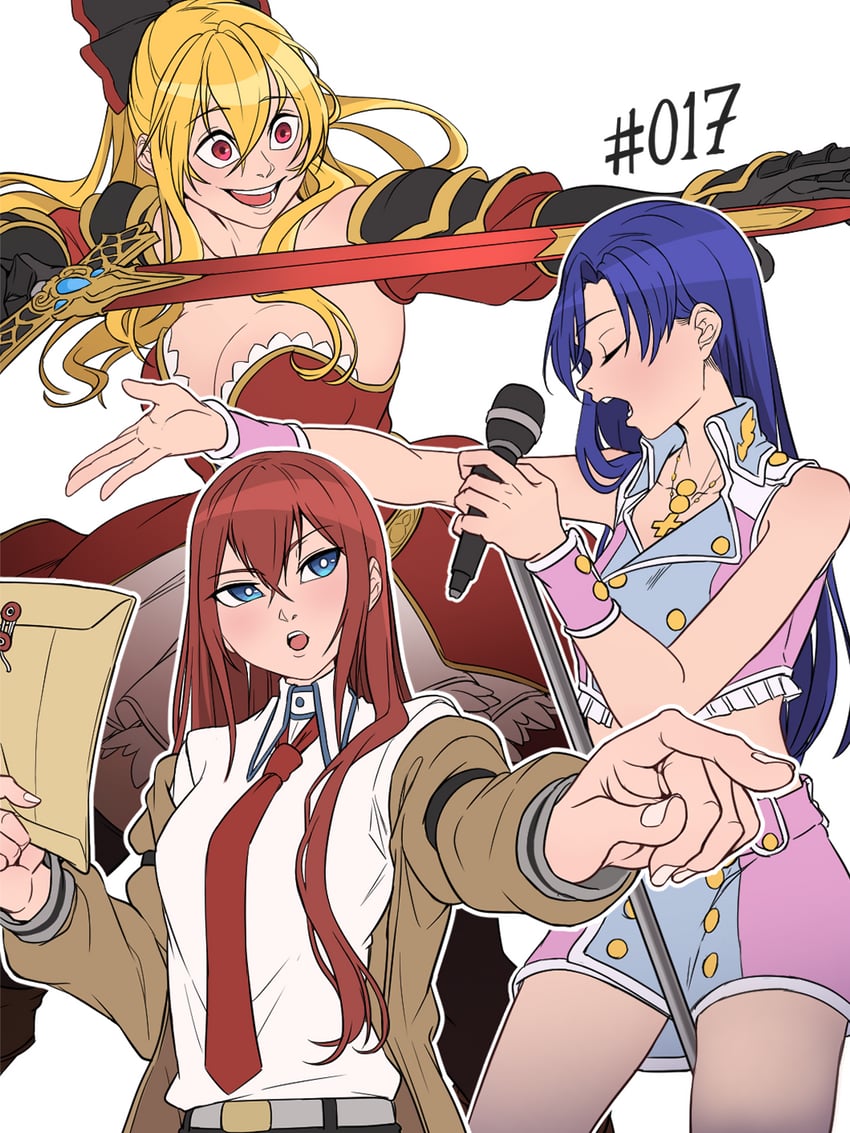 kisaragi chihaya, makise kurisu, vira, and imai asami (idolmaster and 3 more) drawn by mefomefo