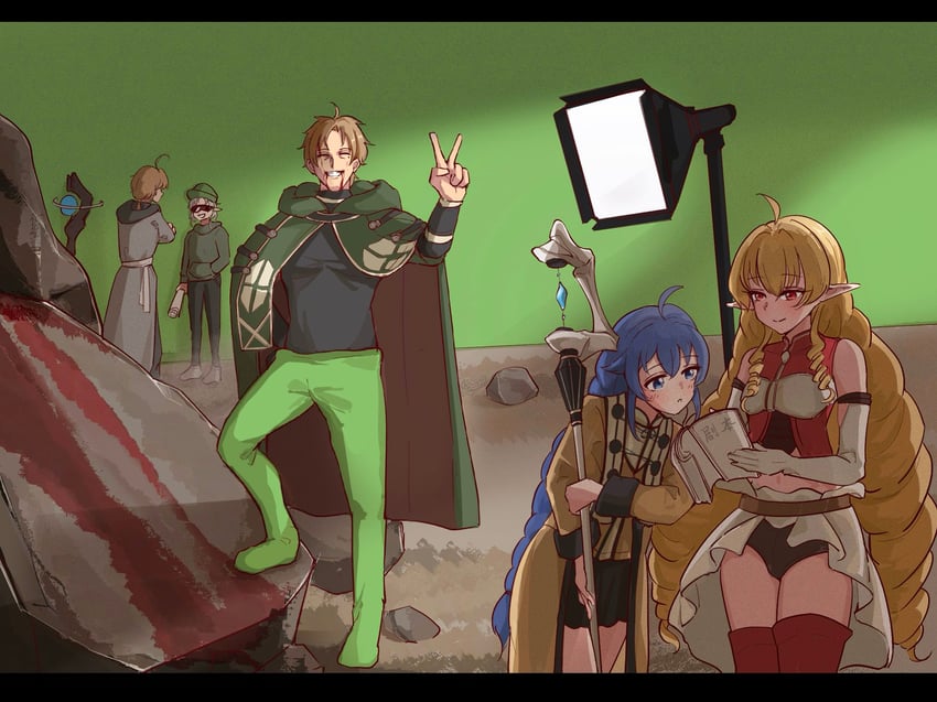 roxy migurdia, sylphiette, rudeus greyrat, elinalise dragonroad, and paul greyrat (mushoku tensei) drawn by qiweiyan