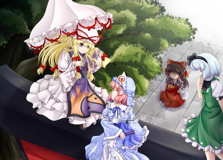 hakurei reimu, konpaku youmu, yakumo yukari, and saigyouji yuyuko (touhou) drawn by para_(dachsaria)