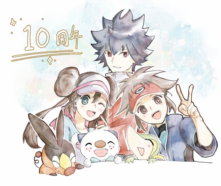 rosa, oshawott, snivy, tepig, nate, and 1 more (pokemon and 1 more) drawn by asuka_rkgk