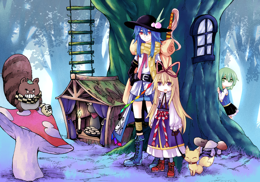 yakumo yukari, yakumo ran, hinanawi tenshi, shiki eiki, and futatsuiwa mamizou (touhou) drawn by beichen_xiaobei