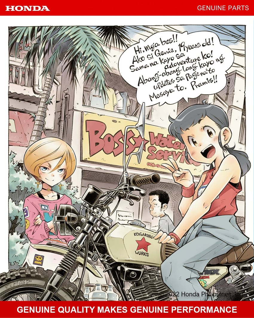 genie, anji, and boss (genie's motorcycle life) drawn by sekihan