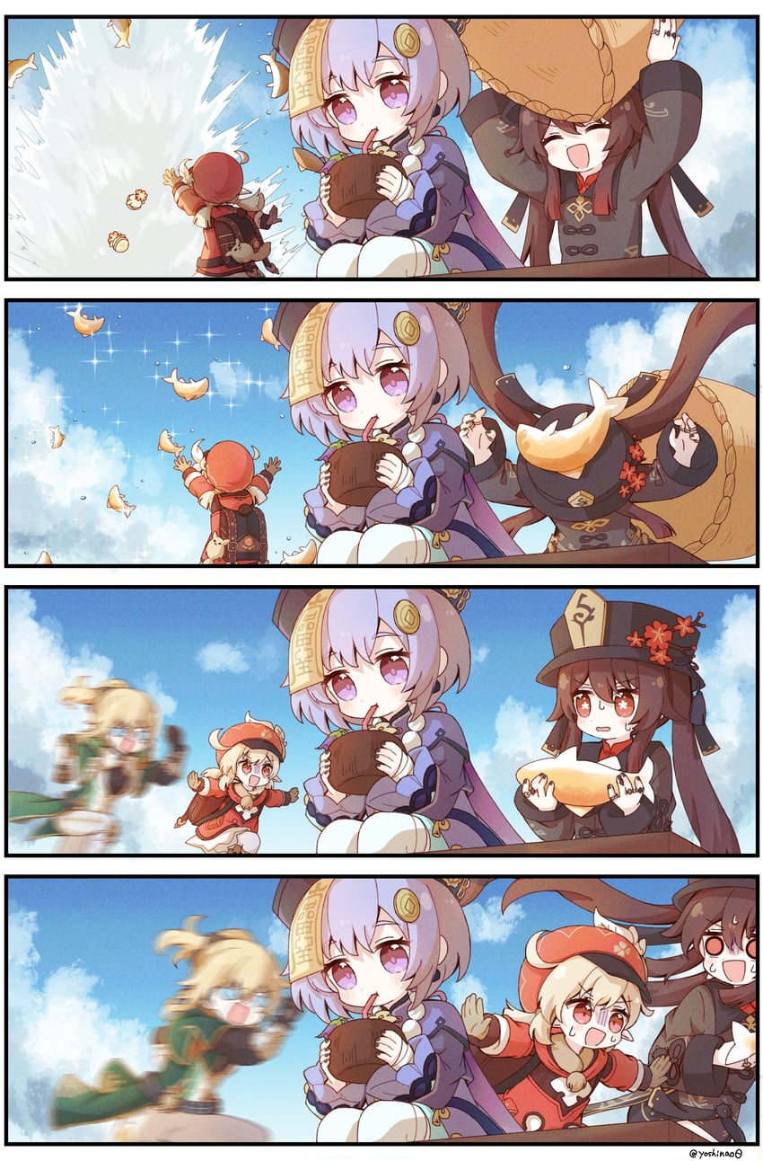 hu tao, klee, jean, and qiqi (genshin impact) drawn by yoshinao_(yoshinao_0203)