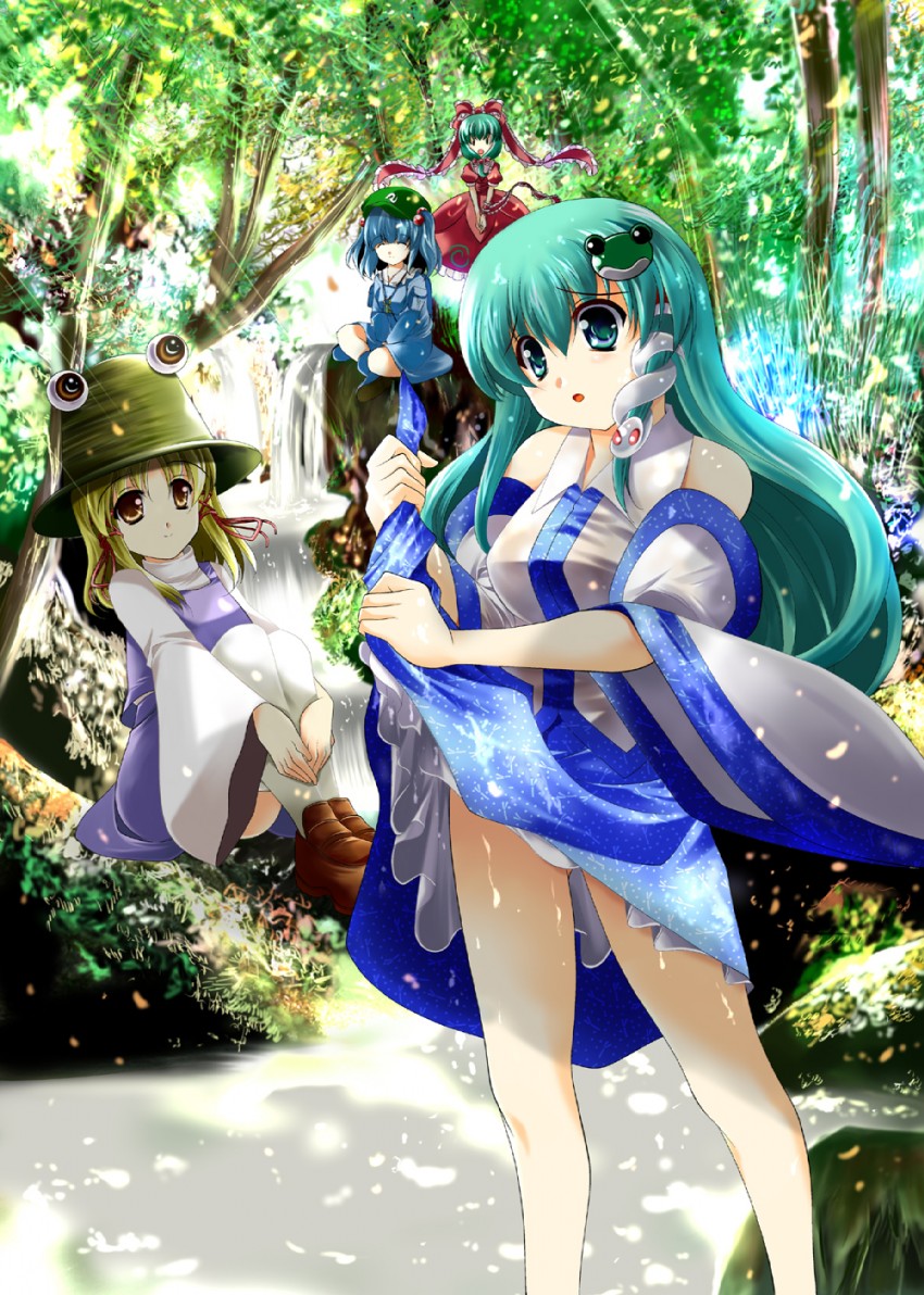 kochiya sanae, moriya suwako, kawashiro nitori, and kagiyama hina (touhou) drawn by usuusu