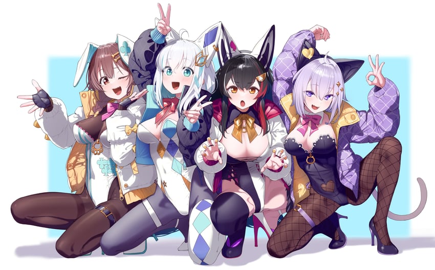 shirakami fubuki, nekomata okayu, ookami mio, and inugami korone (hololive) drawn by shinomu_(cinomoon)