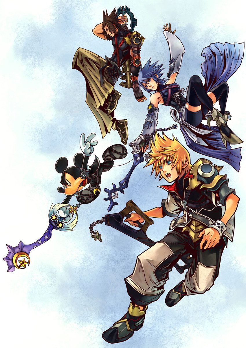 mickey mouse, aqua, ventus, and terra (kingdom hearts and 2 more) drawn by nomura_tetsuya