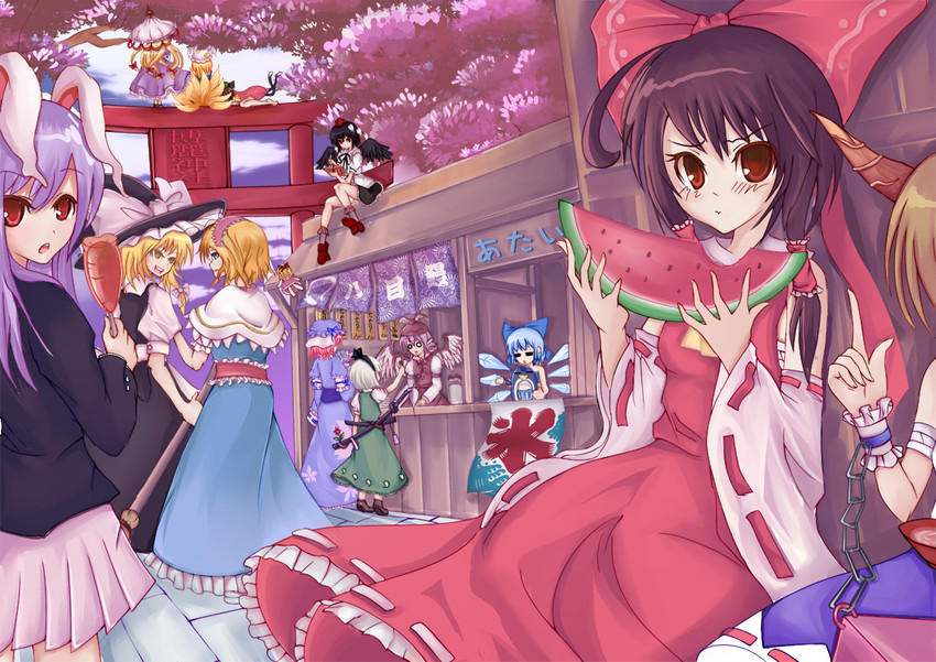 hakurei reimu, kirisame marisa, konpaku youmu, cirno, alice margatroid, and 9 more (touhou) drawn by icywood