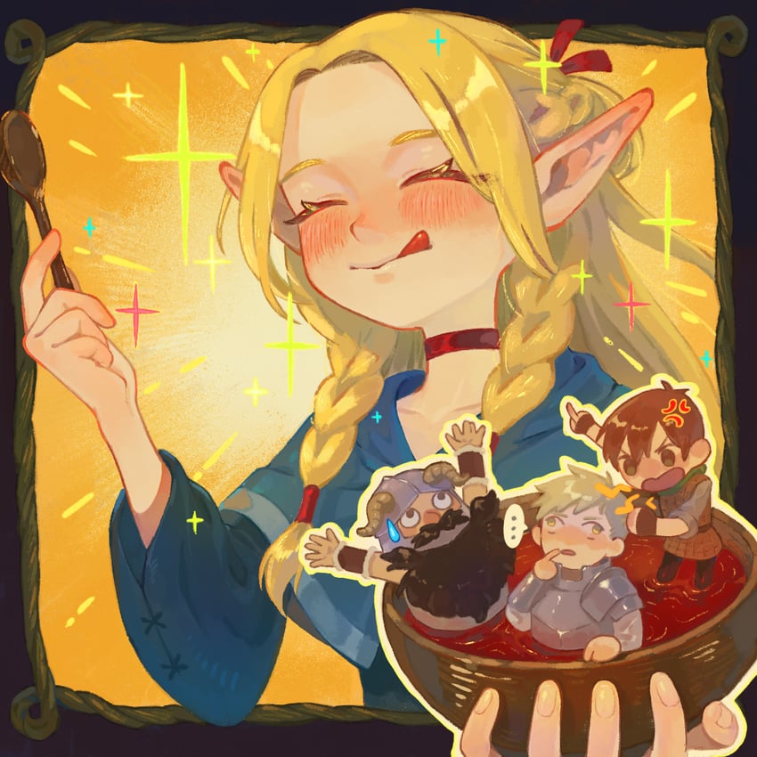 marcille donato, laios touden, senshi, and chilchuck tims (dungeon meshi) drawn by dmwggg