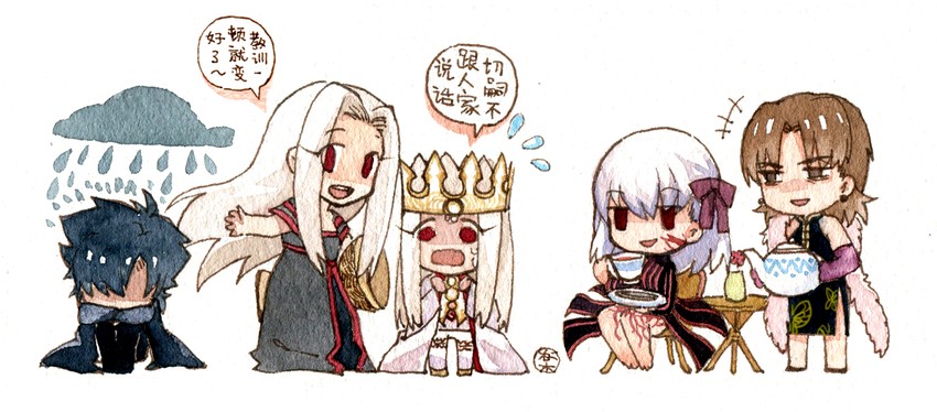 illyasviel von einzbern, matou sakura, kotomine kirei, emiya kiritsugu, irisviel von einzbern, and 1 more (fate and 2 more) drawn by rakuko