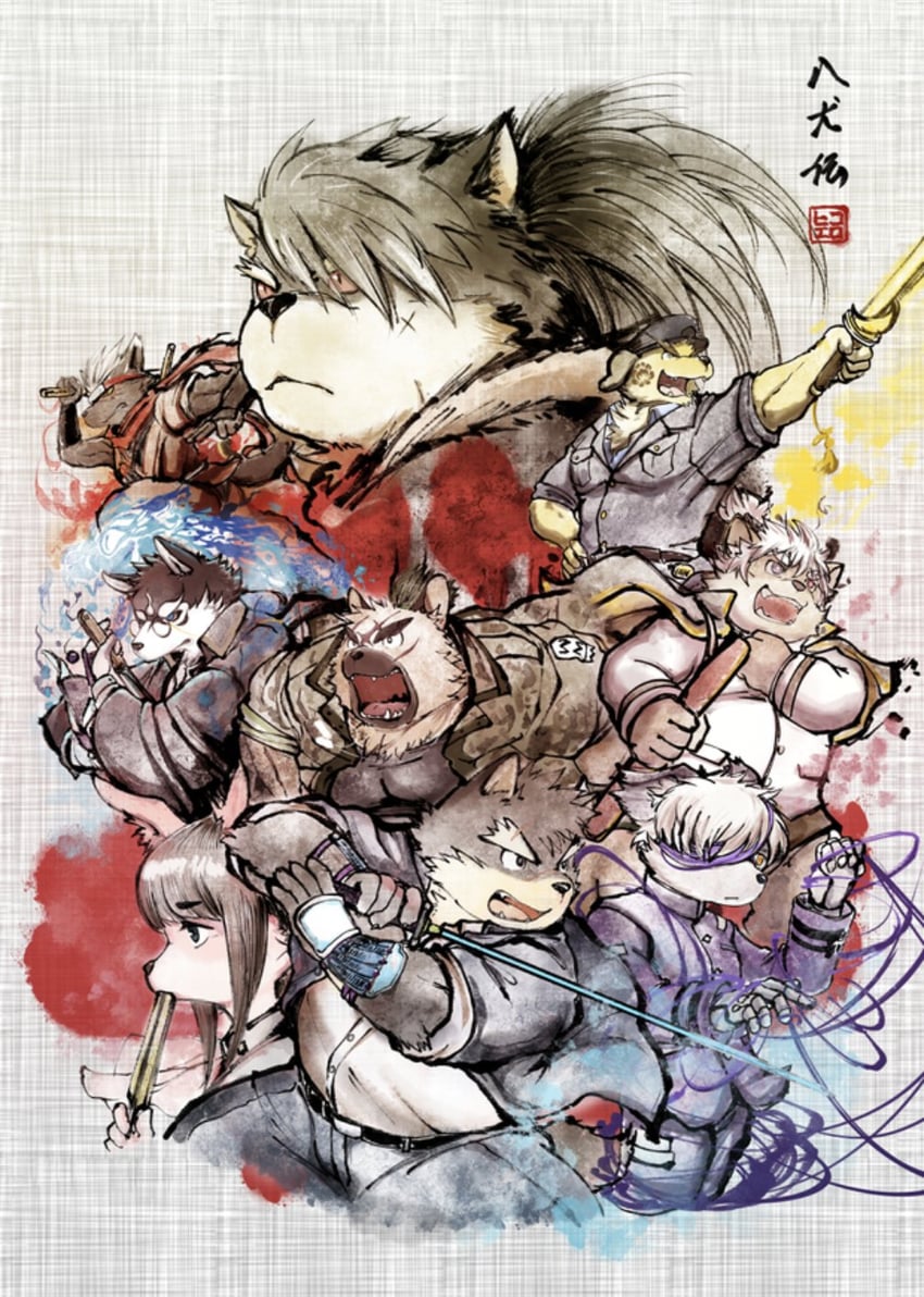 moritaka, yasuyori, shino, tadatomo, masanori, and 4 more (tokyo afterschool summoners) drawn by hikoero777