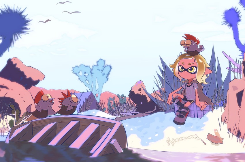inkling player character, inkling girl, and smallfry (splatoon and 1 more) drawn by amawashi_(1004)
