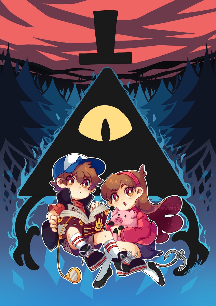 mabel pines, dipper pines, bill cipher, and waddles (gravity falls) drawn by sandragh