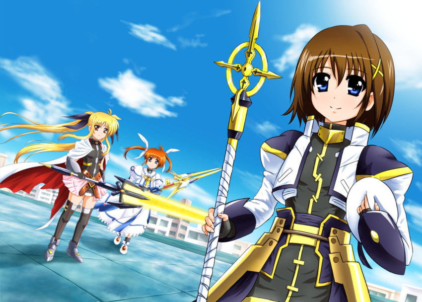 fate testarossa, takamachi nanoha, yagami hayate, raising heart, bardiche, and 1 more (lyrical nanoha and 3 more) drawn by diesel-turbo