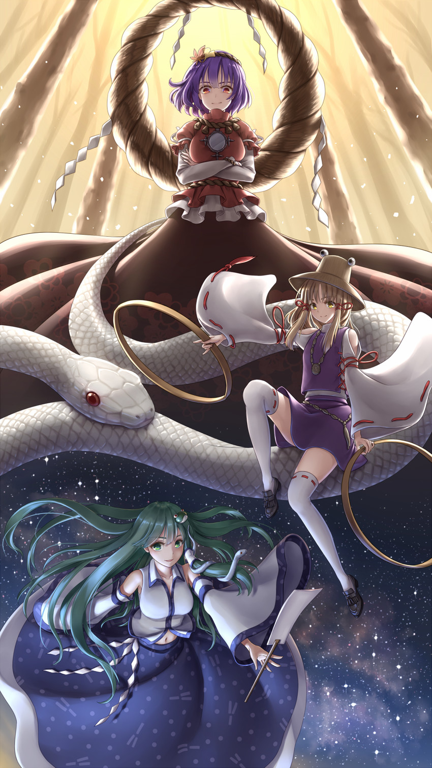 kochiya sanae, moriya suwako, yasaka kanako, and mishaguji (touhou) drawn by torinari_(dtvisu)