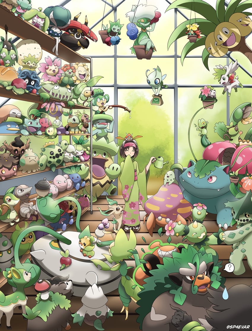 rotom, rowlet, bulbasaur, leafeon, snivy, and 62 more (pokemon and 1 more) drawn by sp4evar