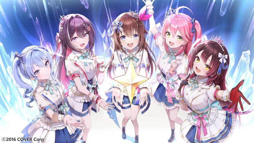 hoshimachi suisei, sakura miko, azki, tokino sora, and roboco-san (hololive) drawn by misyune