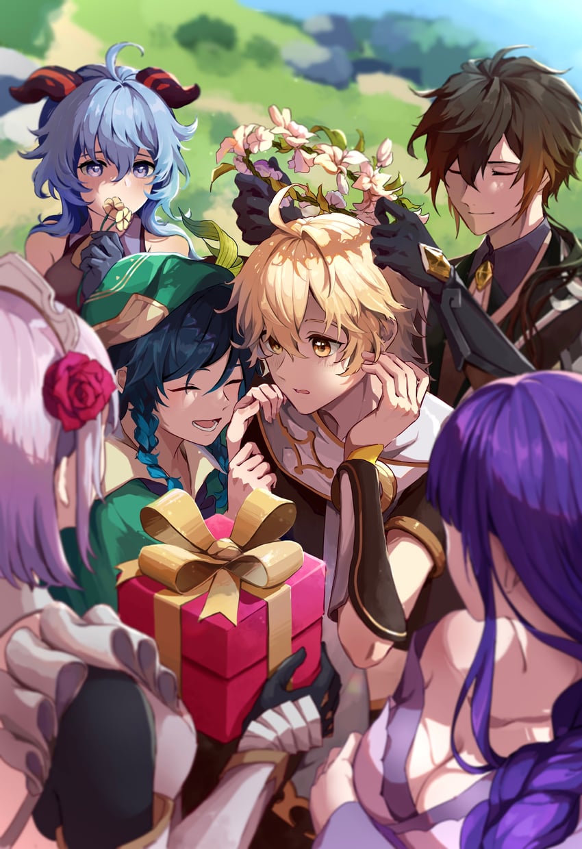 ganyu, raiden shogun, aether, zhongli, venti, and 1 more (genshin impact) drawn by nezu_(se_aroe)