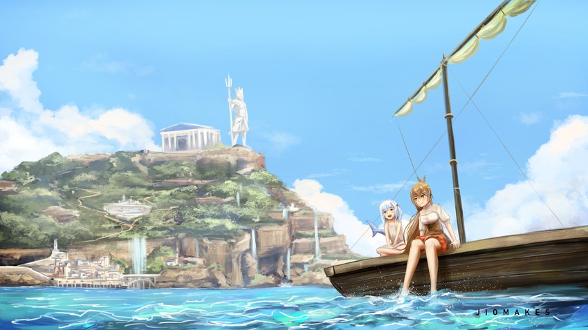 gawr gura, nanashi mumei, and poseidon (hololive and 1 more) drawn by jio_(jiomakes)