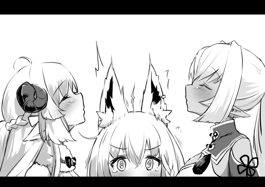 shirakami fubuki, shiranui flare, and tsunomaki watame (hololive) drawn by mochiyuki_(gigfor1)