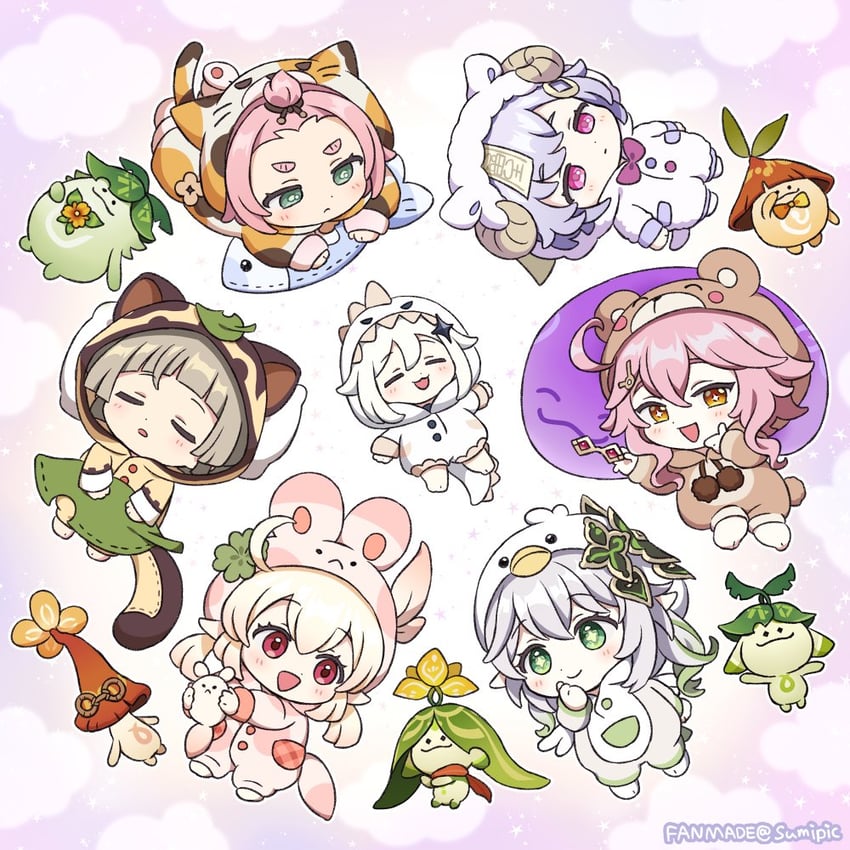 nahida, paimon, klee, qiqi, dodoco, and 10 more (genshin impact) drawn by sumipic