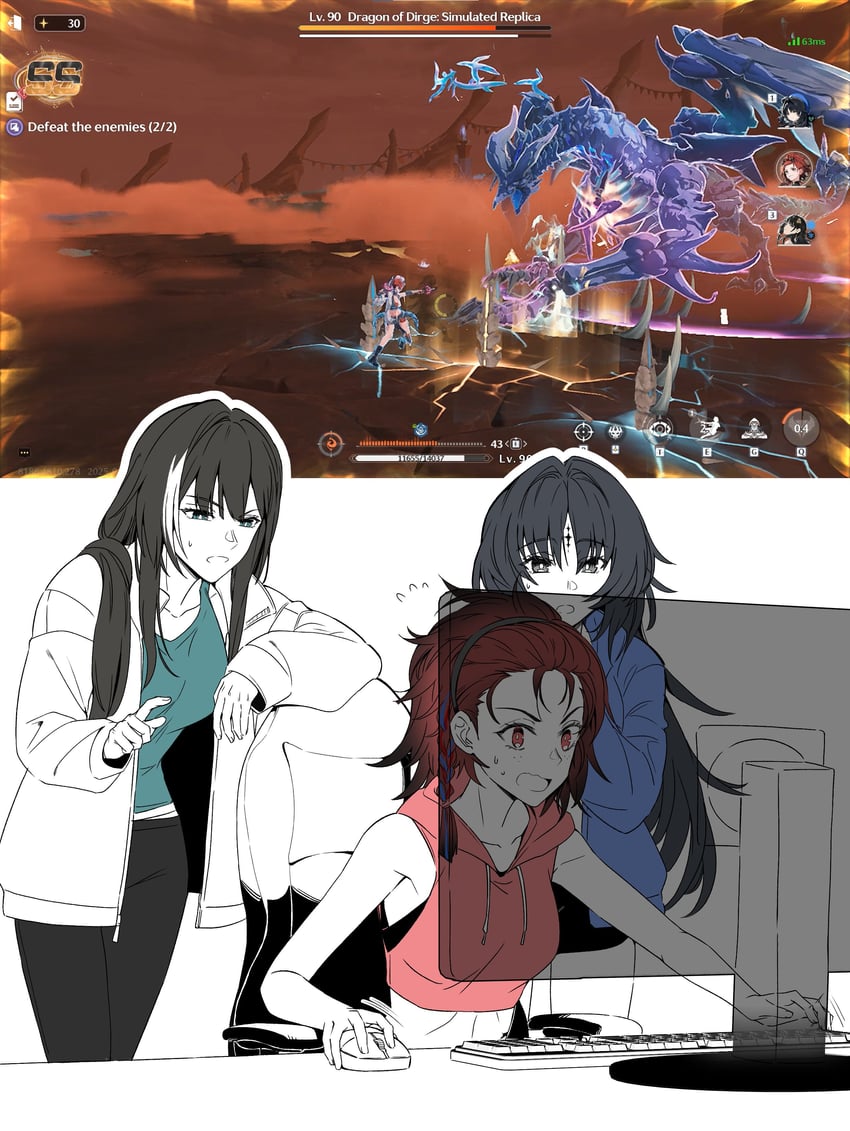 yangyang, baizhi, chixia, and dragon of dirge (wuthering waves) drawn by bakaryuu