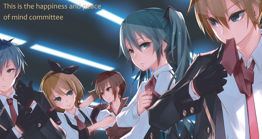hatsune miku, kagamine rin, kagamine len, kaito, and meiko (vocaloid and 1 more) drawn by monq