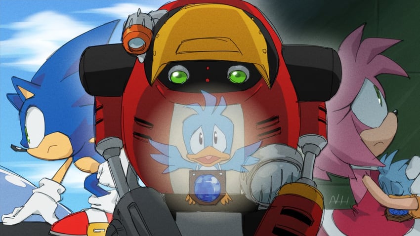 sonic the hedgehog, amy rose, e-102 gamma, and birdie (sonic and 1 more) drawn by virtanderson