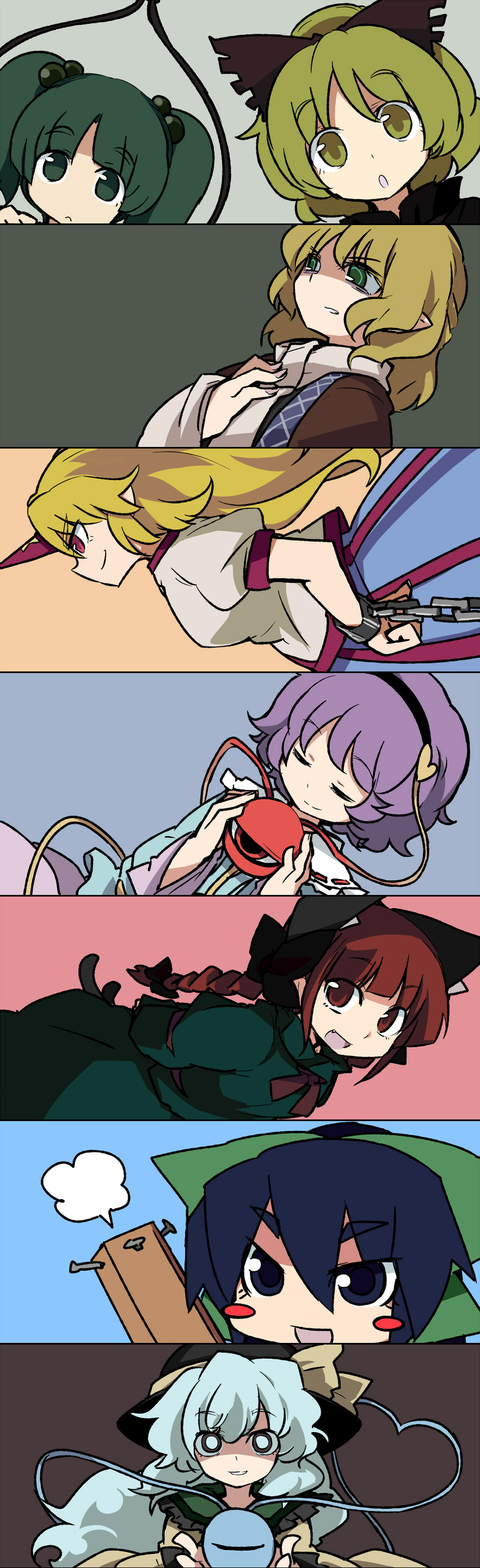 komeiji koishi, komeiji satori, kaenbyou rin, reiuji utsuho, mizuhashi parsee, and 3 more (touhou and 1 more) drawn by ane