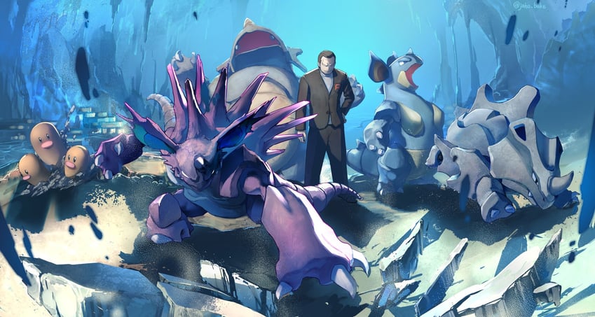 giovanni, nidoking, dugtrio, rhydon, nidoqueen, and 1 more (pokemon and 1 more) drawn by jako_(boke_poke)