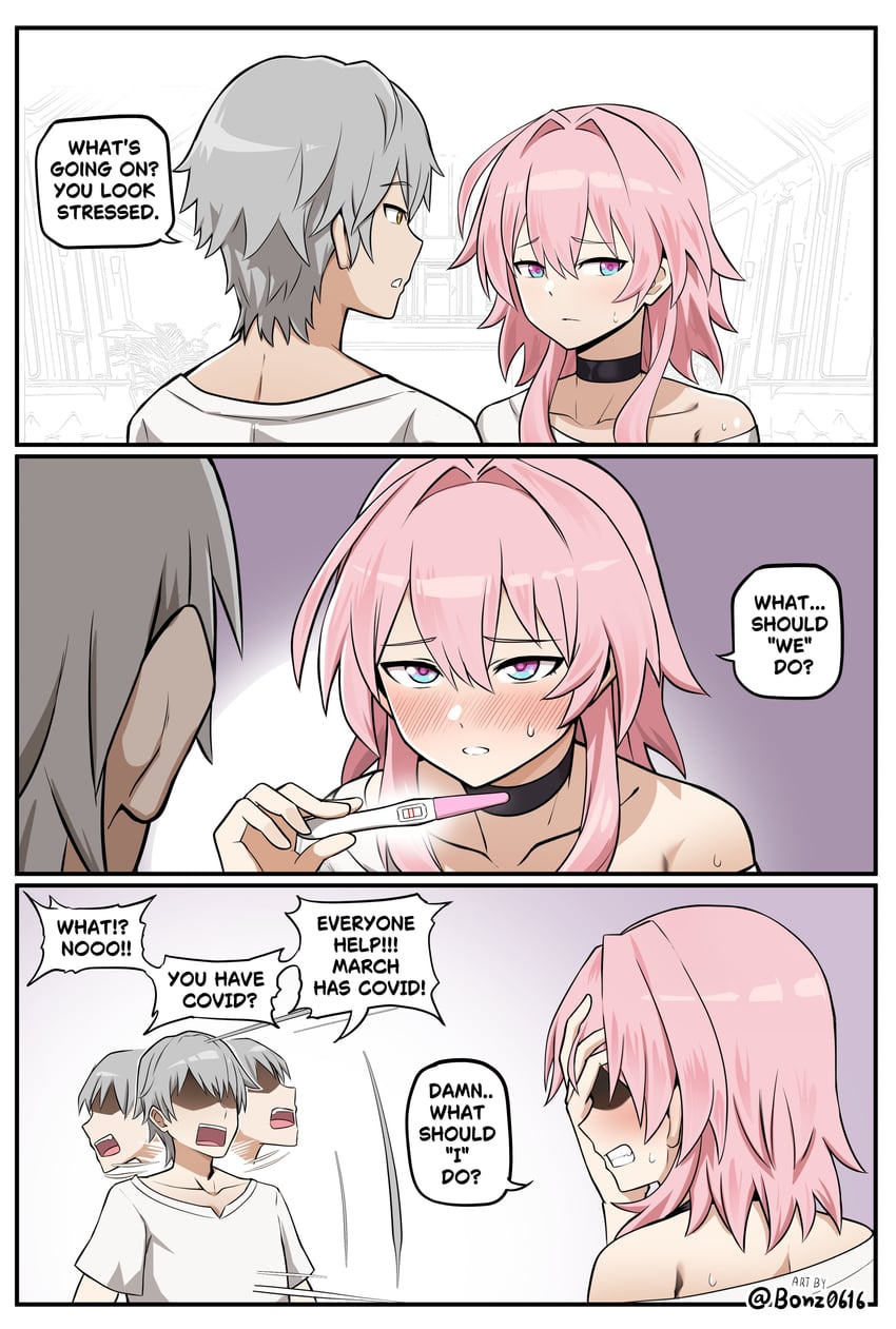trailblazer, march 7th, and caelus (honkai and 1 more) drawn by bonz_(bonz0616)