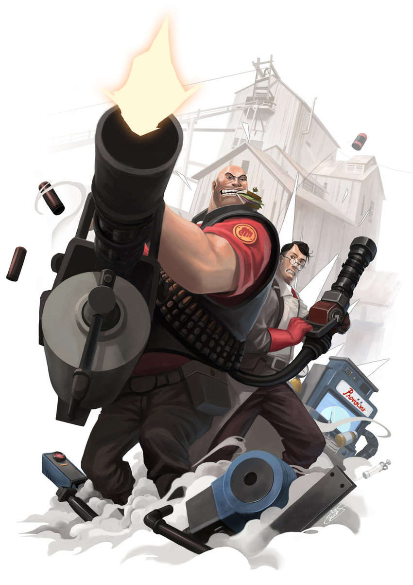 medic, heavy, red heavy, and red medic (team fortress 2) drawn by okita