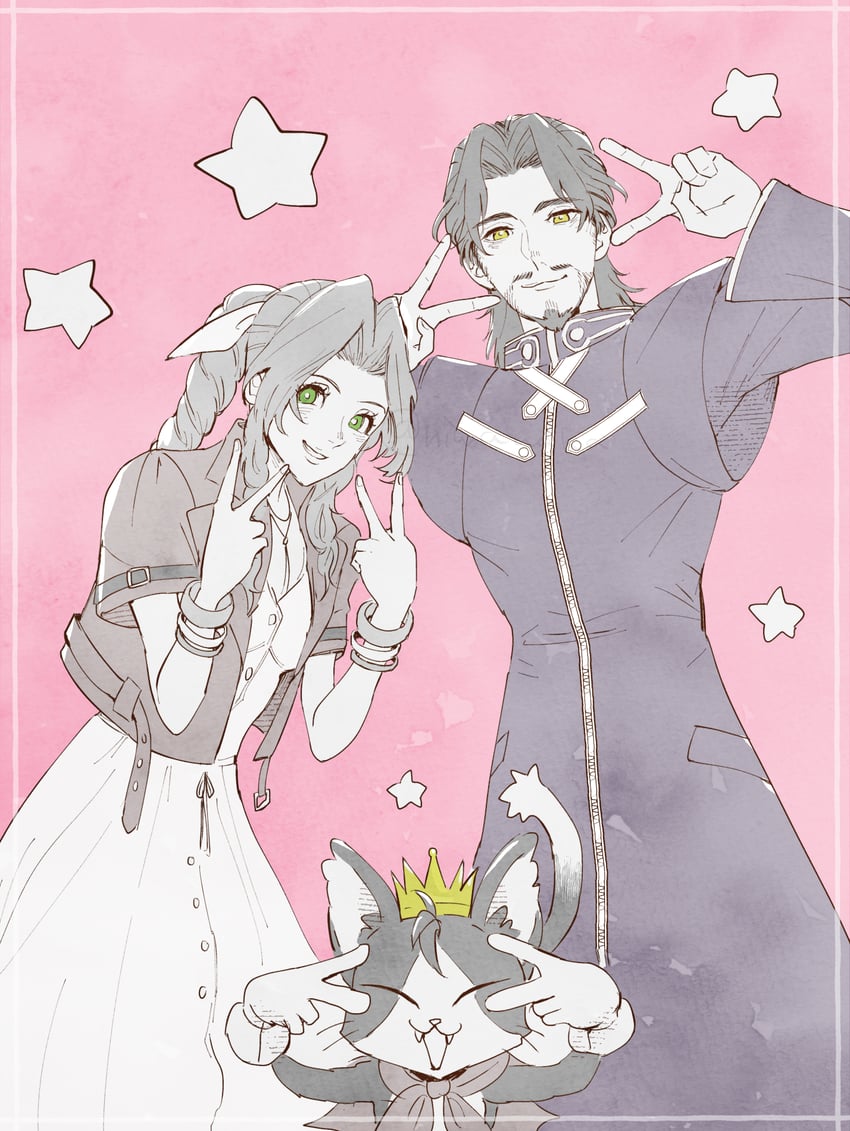 aerith gainsborough, cait sith, and reeve tuesti (final fantasy and 3 more) drawn by niwawaka