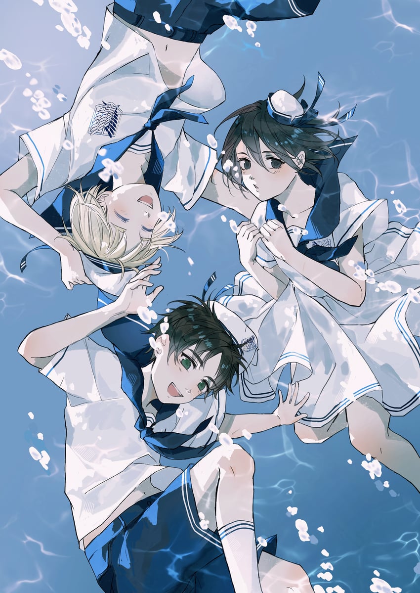 mikasa ackerman, eren yeager, and armin arlert (shingeki no kyojin) drawn by zhuse_fuxianqing