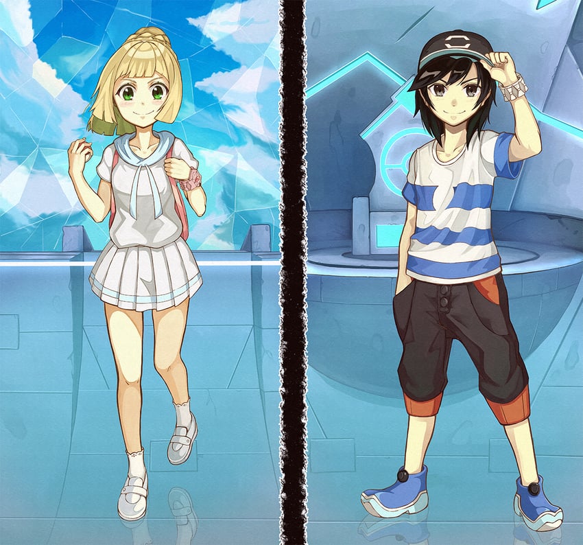 lillie and elio (pokemon and 1 more) drawn by numazume