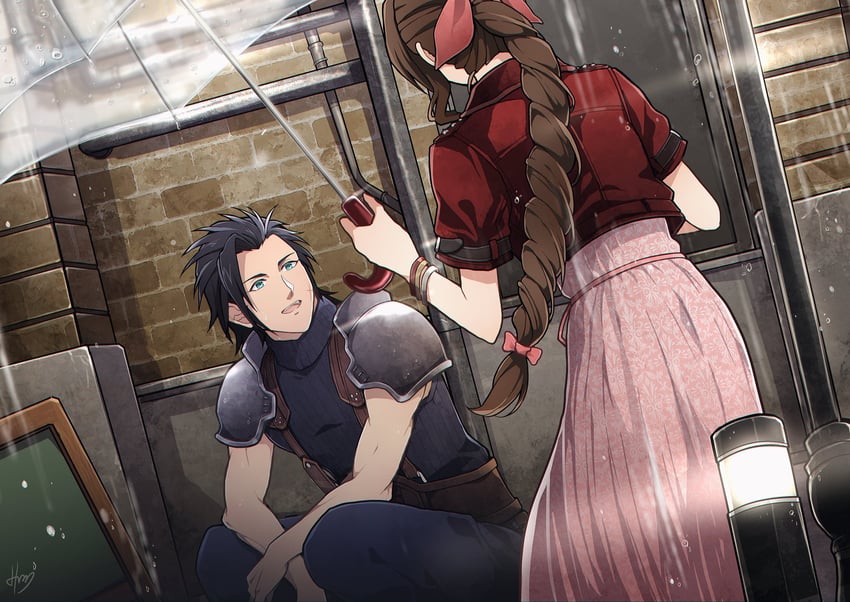 aerith gainsborough and zack fair (final fantasy and 3 more) drawn by hato_(hato1616)