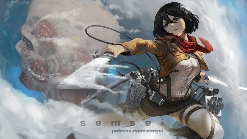 mikasa ackerman, titan, and colossal titan (shingeki no kyojin) drawn by david_semsei