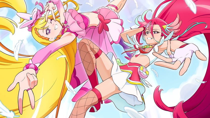 hijiri ageha, cure butterfly, takizawa asuka, and cure flamingo (precure and 2 more) drawn by tiler_(tiler00)