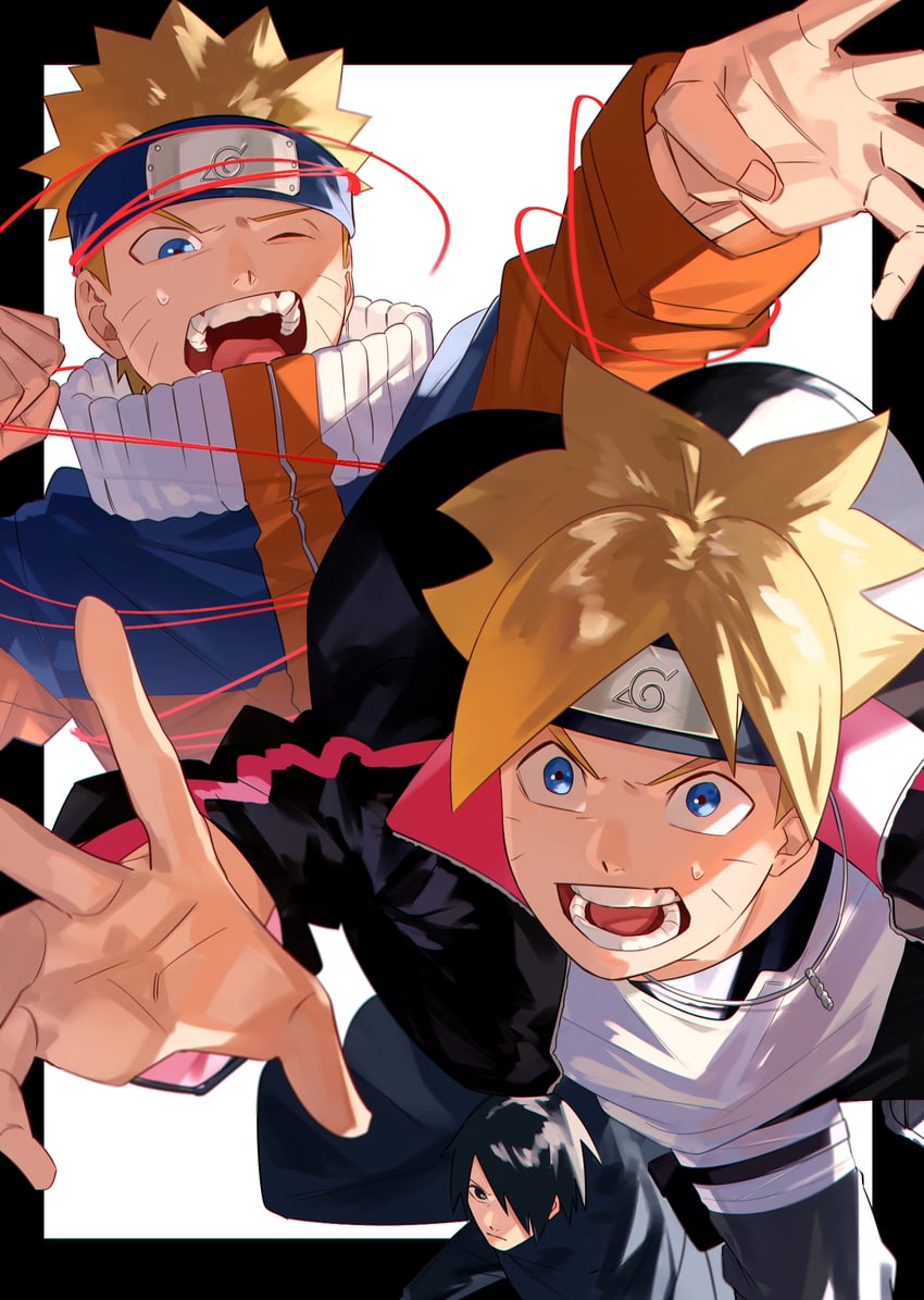 uzumaki naruto, uchiha sasuke, and uzumaki boruto (naruto and 1 more) drawn by mirin_(coene65)