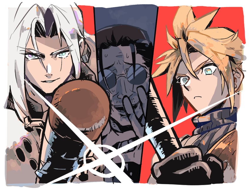 cloud strife, sephiroth, and professor houjou (final fantasy and 3 more) drawn by wxz