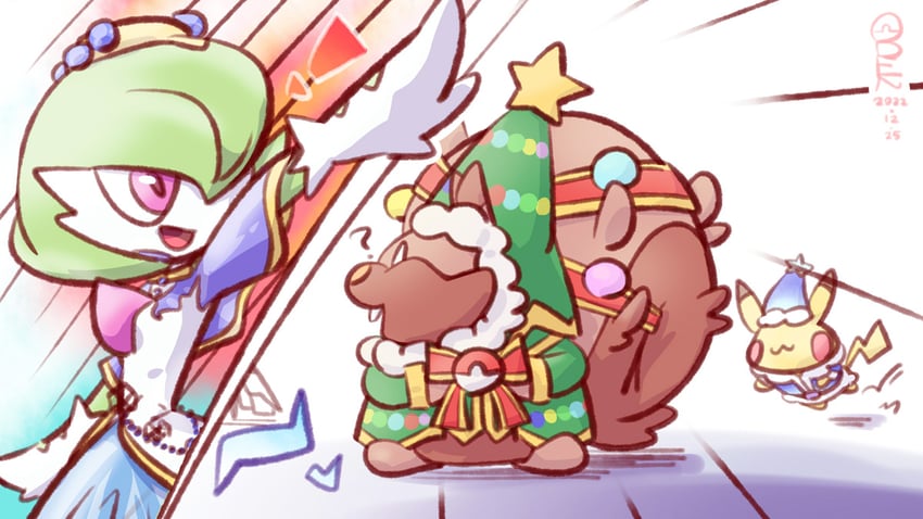 pikachu, gardevoir, and greedent (pokemon) drawn by oden_(madsword)